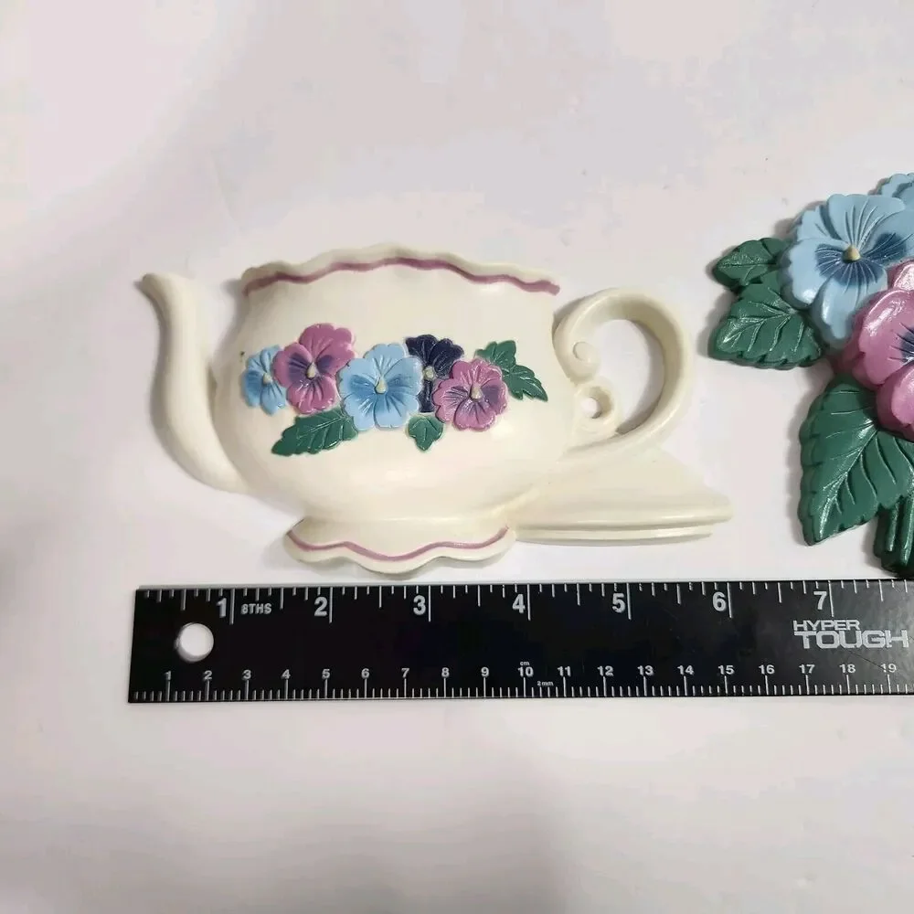 Vintage 1995 Burwood Floral Teapots & Bouquet 3 pc Wall Art Hanging Decor Set